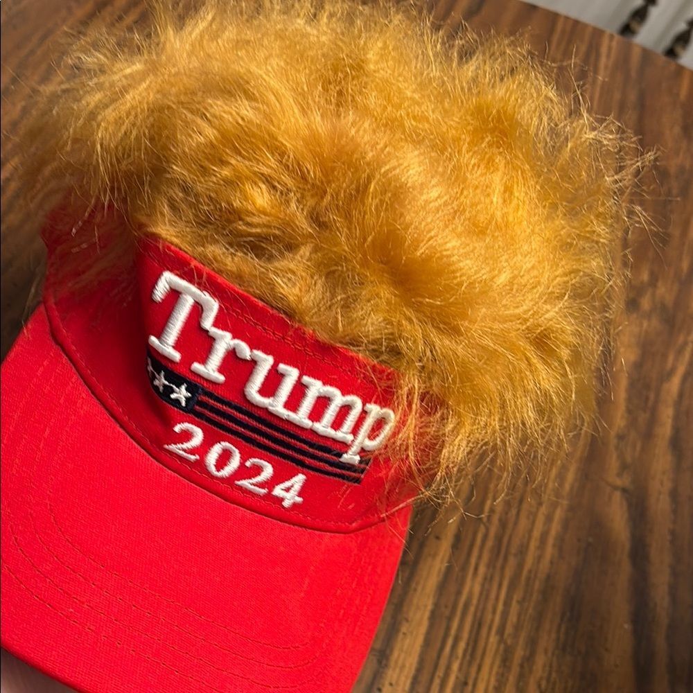 Red Trump 2024 Novelty Hat with the wild hair
